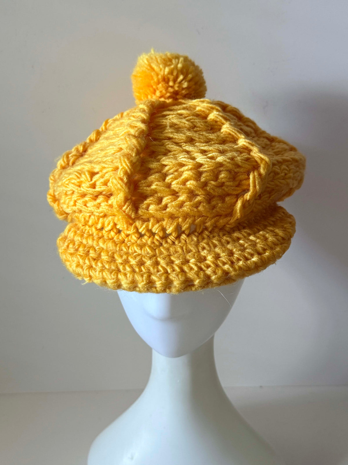 Vintage 1960s Mustard Yellow Crochet Newsboy Hat Pom Pom Cable Knit Brim Women's Mod Winter Cap Handmade Vintage Hat