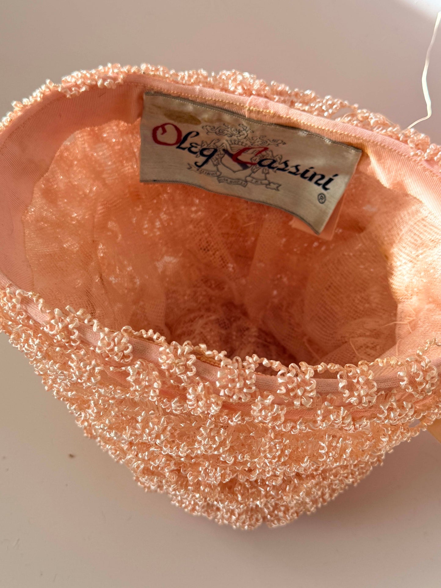 1960s Oleg Cassini Peach Beaded Hat – Textured Bouclé Cloche Bucket Hat – Couture Cocktail / Occasion Hat