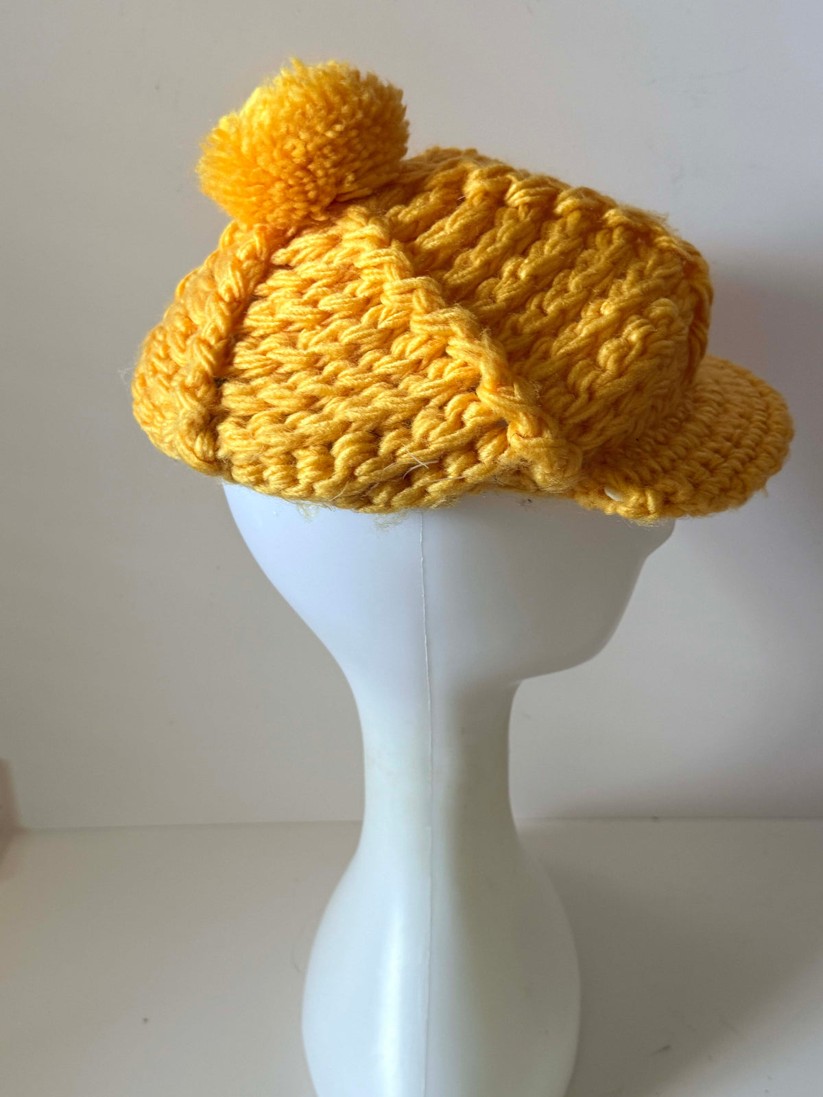 Vintage 1960s Mustard Yellow Crochet Newsboy Hat Pom Pom Cable Knit Brim Women's Mod Winter Cap Handmade Vintage Hat