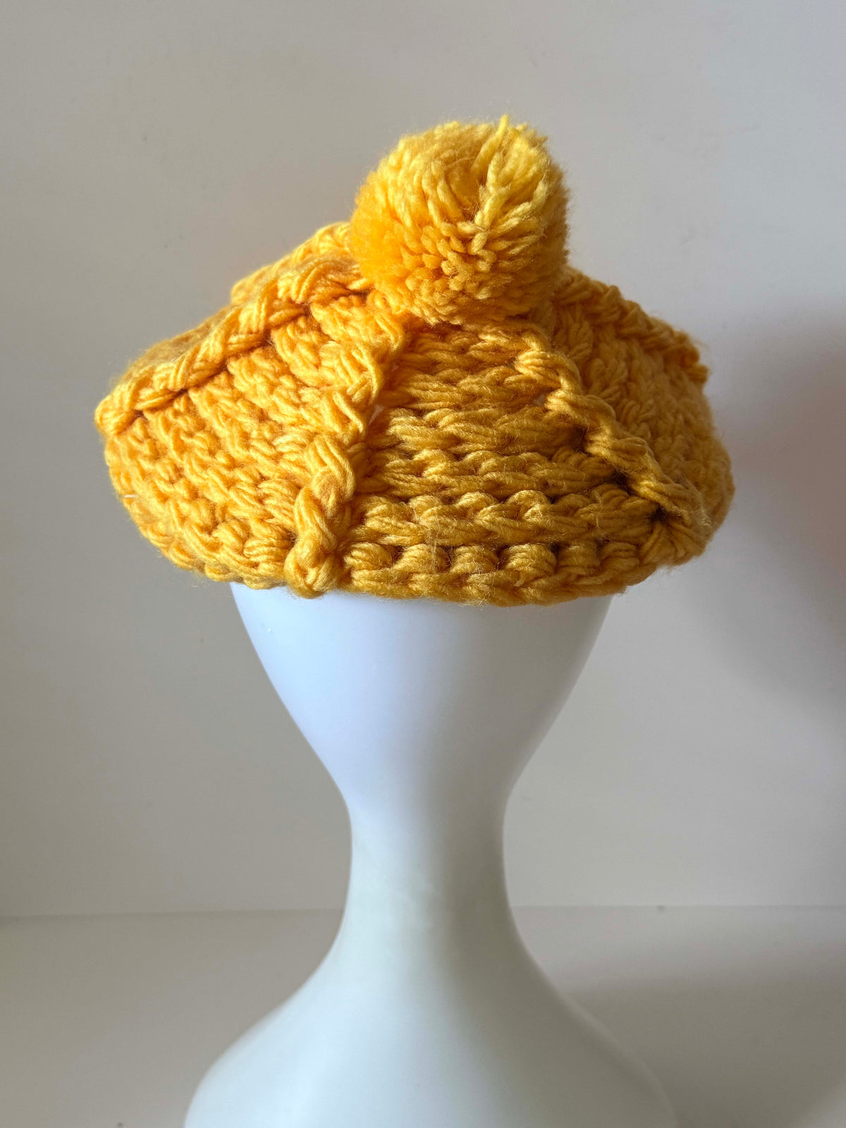 Vintage 1960s Mustard Yellow Crochet Newsboy Hat Pom Pom Cable Knit Brim Women's Mod Winter Cap Handmade Vintage Hat
