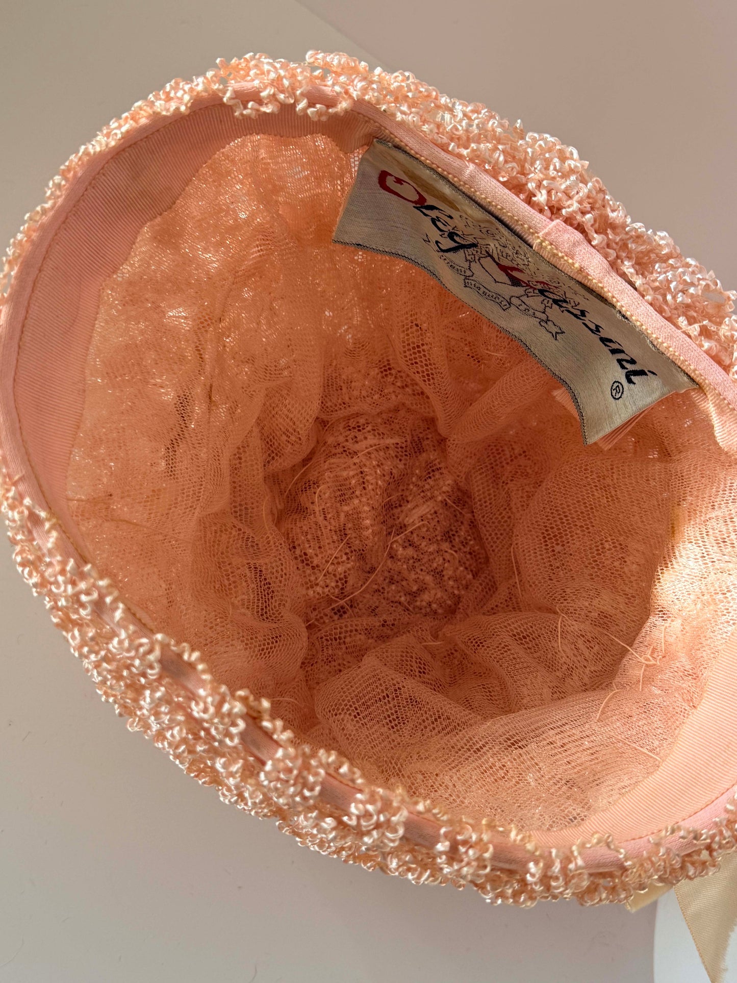 1960s Oleg Cassini Peach Beaded Hat – Textured Bouclé Cloche Bucket Hat – Couture Cocktail / Occasion Hat