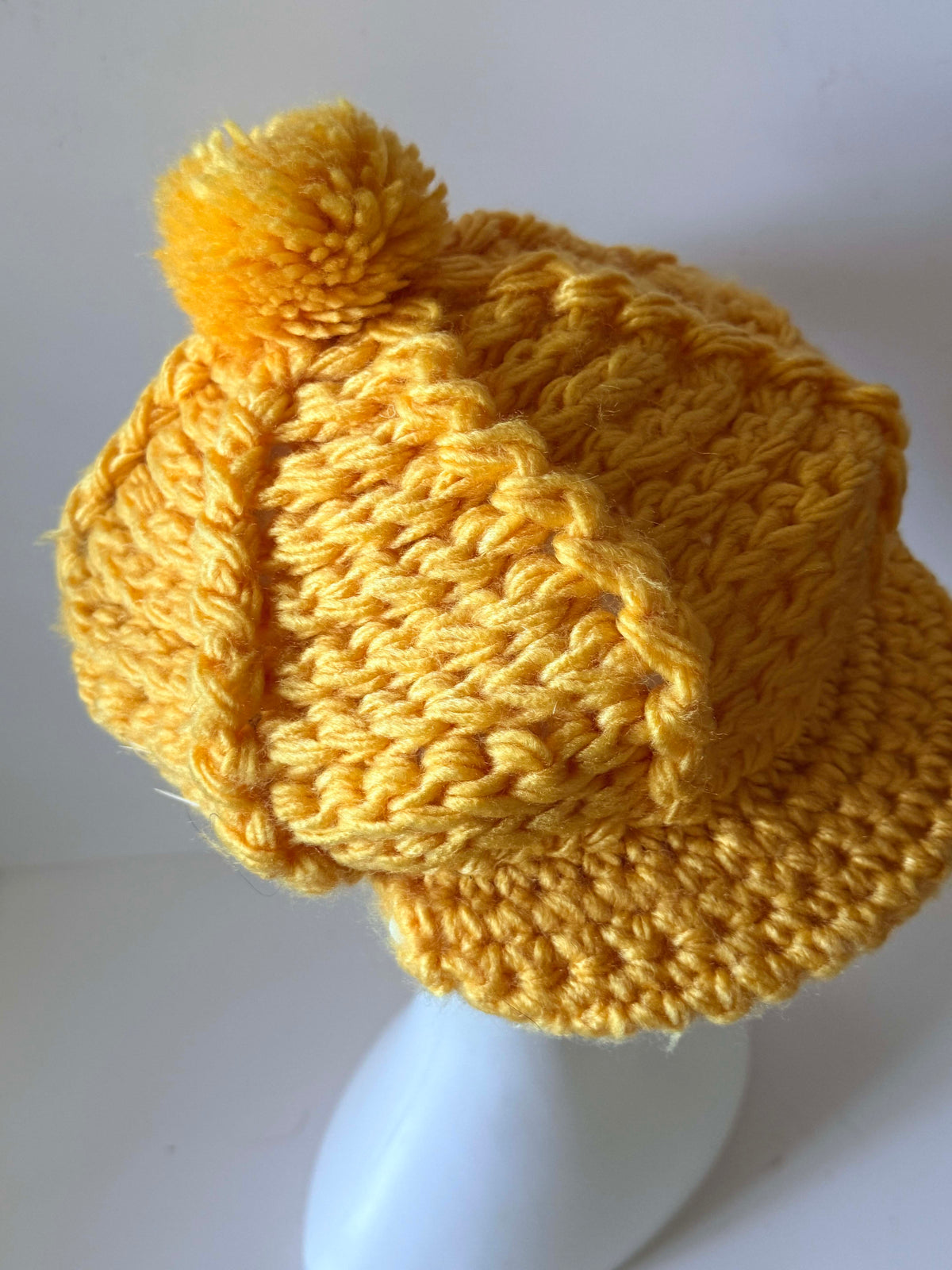 Vintage 1960s Mustard Yellow Crochet Newsboy Hat Pom Pom Cable Knit Brim Women's Mod Winter Cap Handmade Vintage Hat