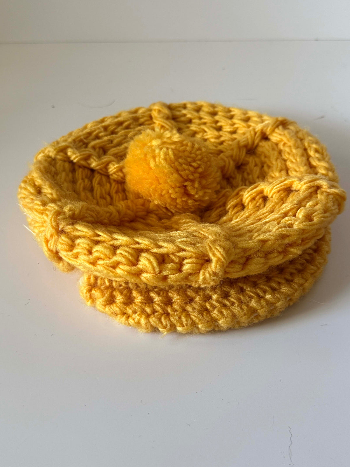 Vintage 1960s Mustard Yellow Crochet Newsboy Hat Pom Pom Cable Knit Brim Women's Mod Winter Cap Handmade Vintage Hat