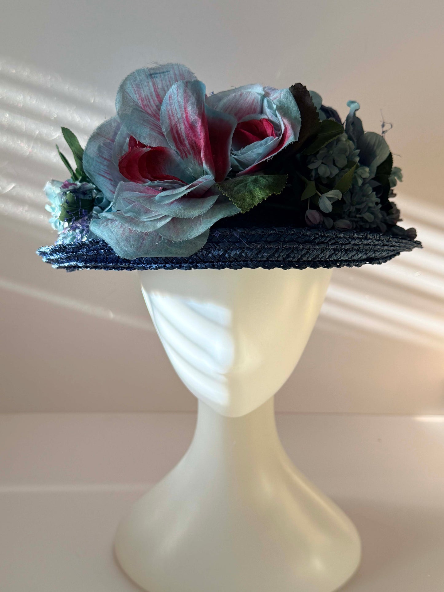1950s Frost Bros. Chanda Blue Floral Straw Hat – Garden Party Statement Millinery