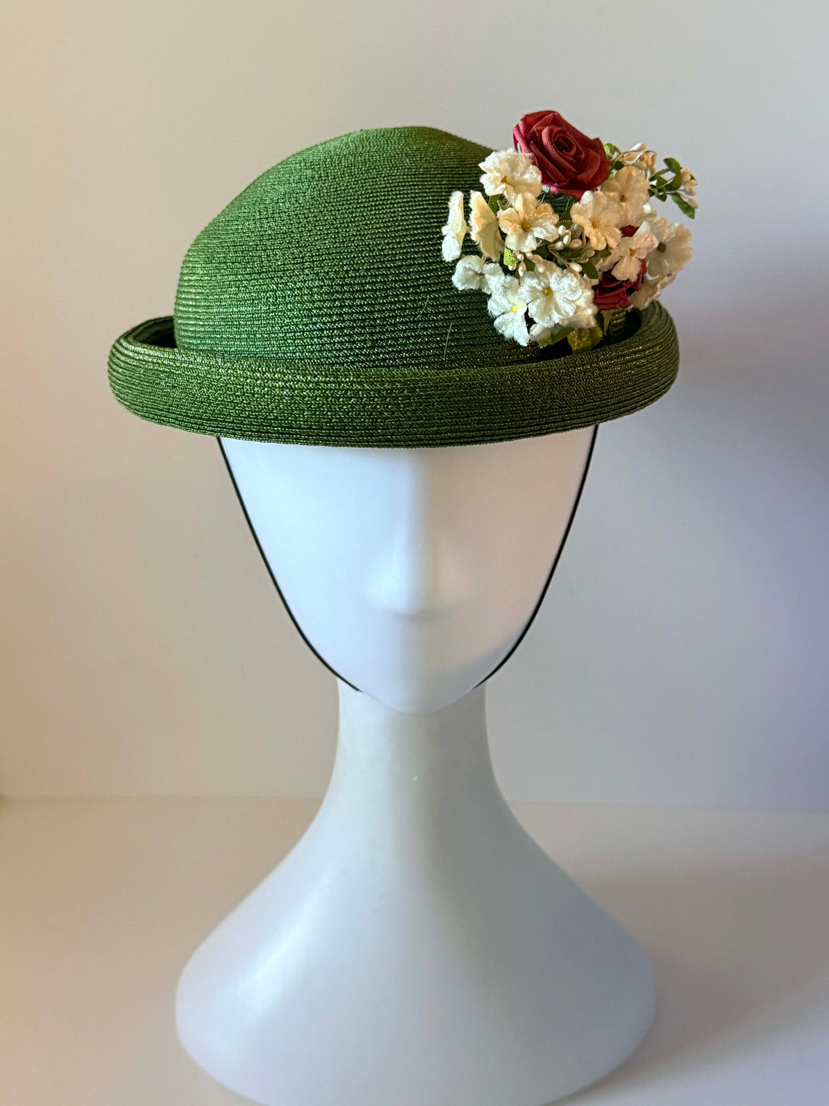 Vintage 1960s Olive Green Straw Cloche Hat Burgundy Rose Ivory Flowers Women's Mod Floral Church Garden Party Hat