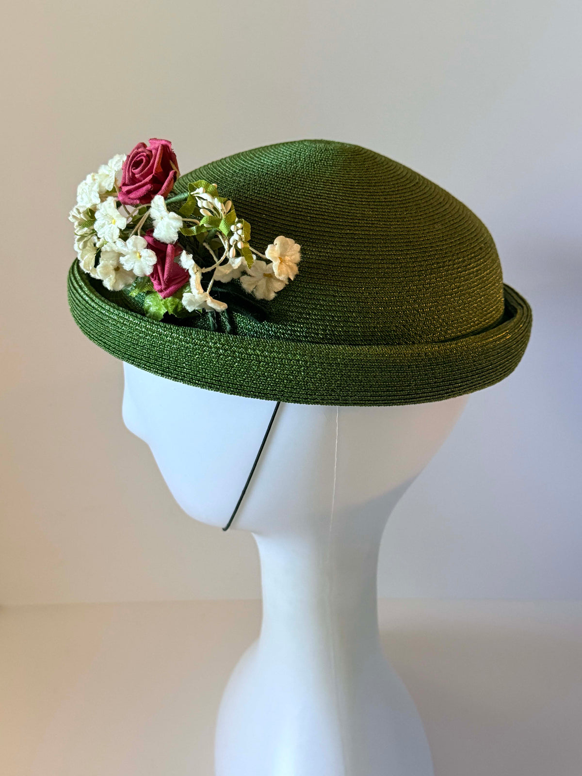 Vintage 1960s Olive Green Straw Cloche Hat Burgundy Rose Ivory Flowers Women's Mod Floral Church Garden Party Hat