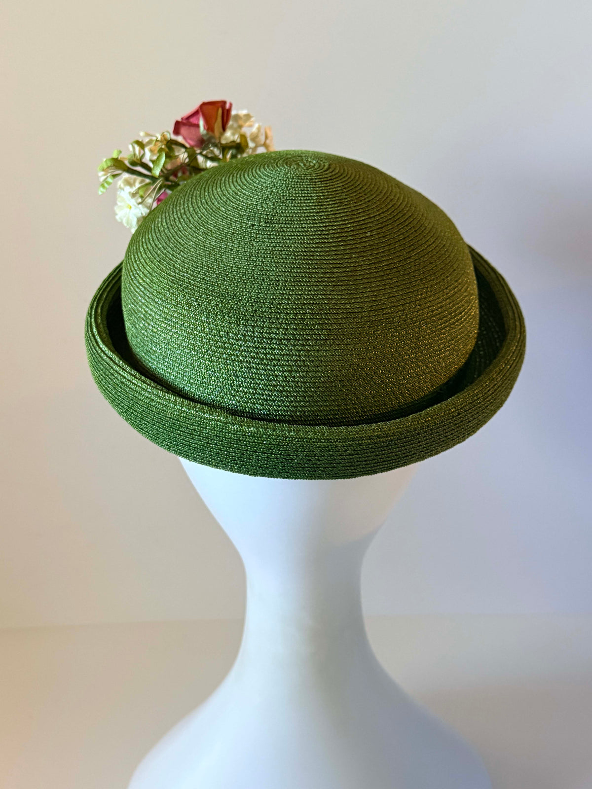 Vintage 1960s Olive Green Straw Cloche Hat Burgundy Rose Ivory Flowers Women's Mod Floral Church Garden Party Hat