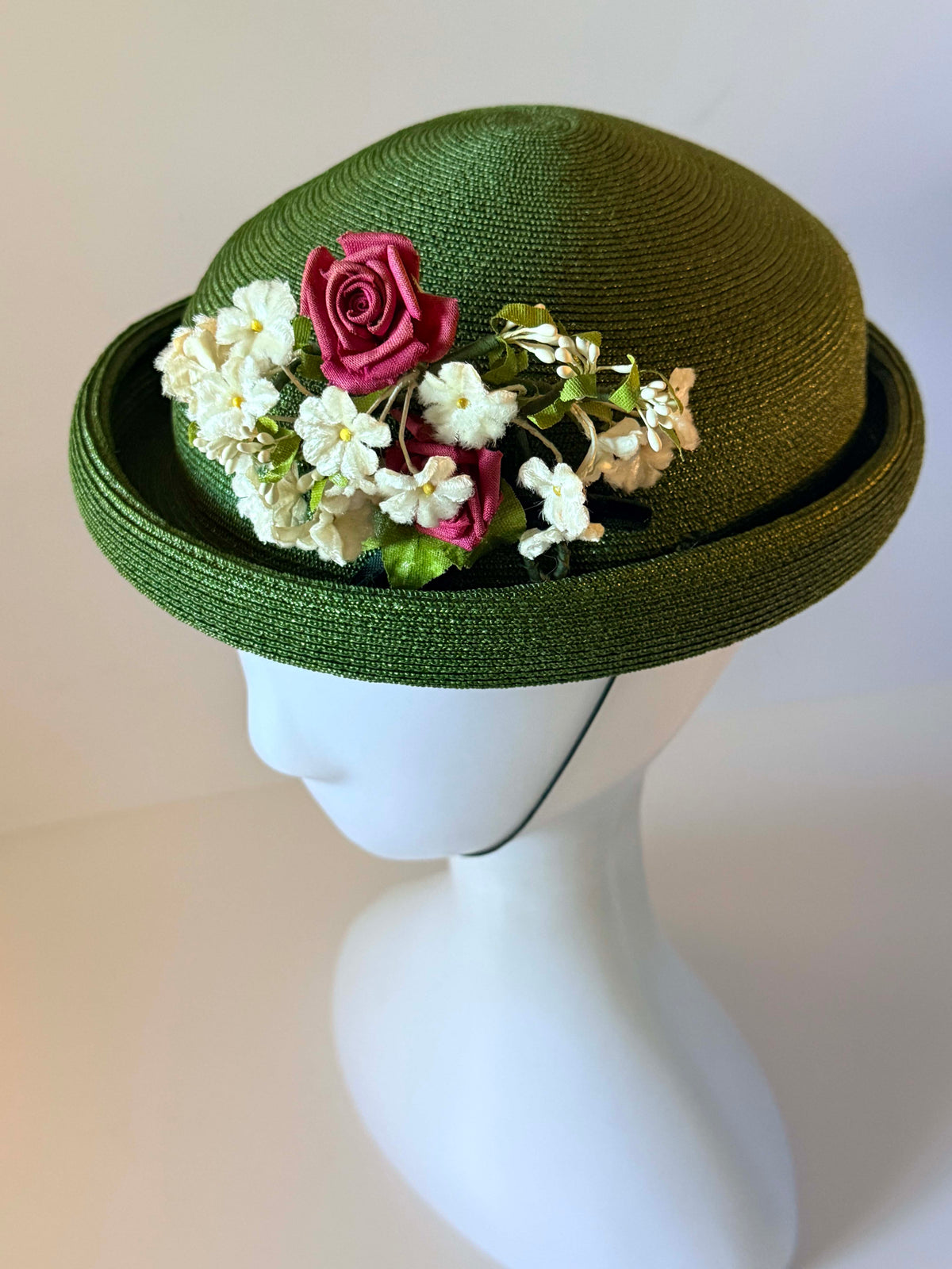 Vintage 1960s Olive Green Straw Cloche Hat Burgundy Rose Ivory Flowers Women's Mod Floral Church Garden Party Hat