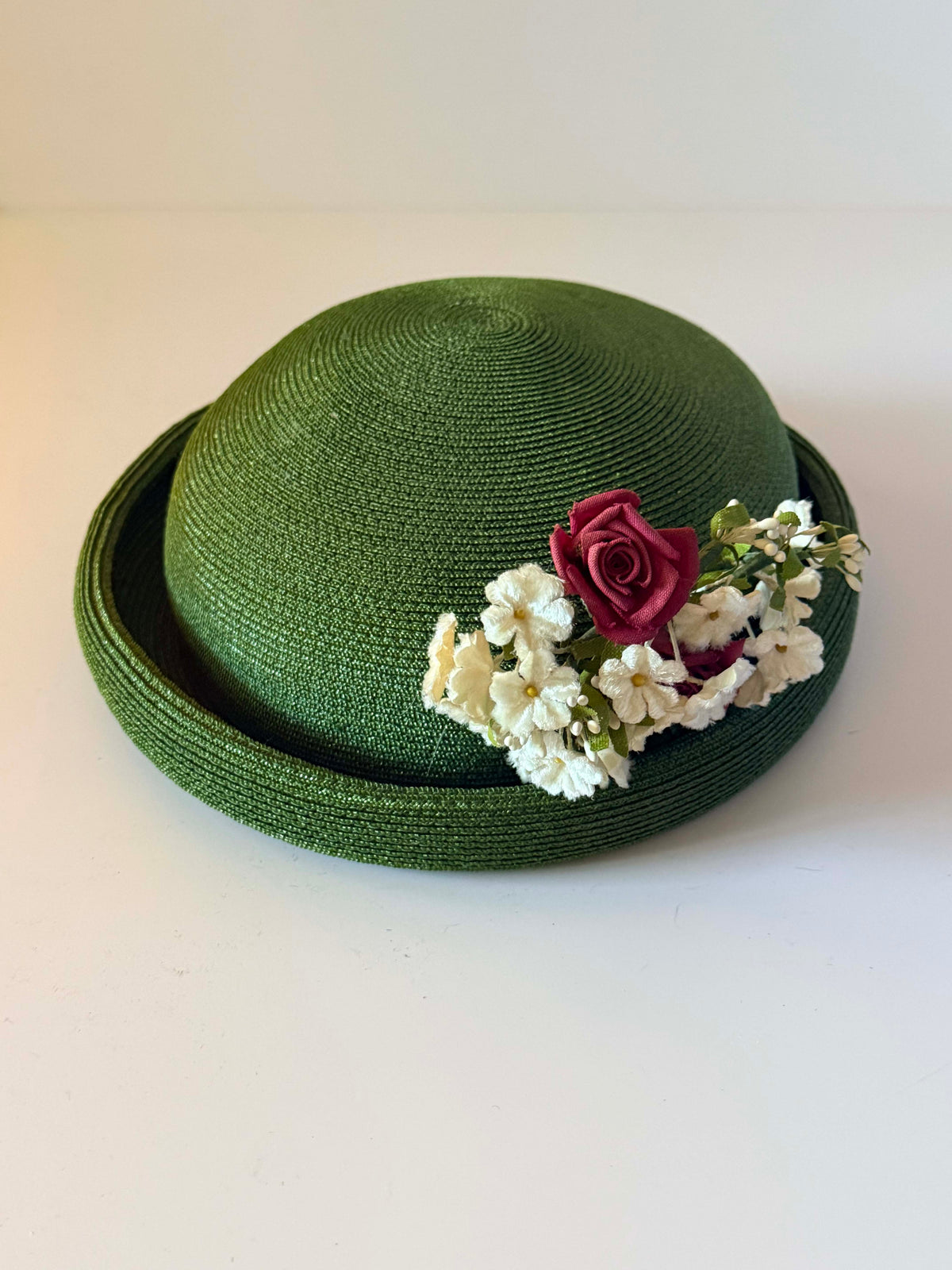 Vintage 1960s Olive Green Straw Cloche Hat Burgundy Rose Ivory Flowers Women's Mod Floral Church Garden Party Hat