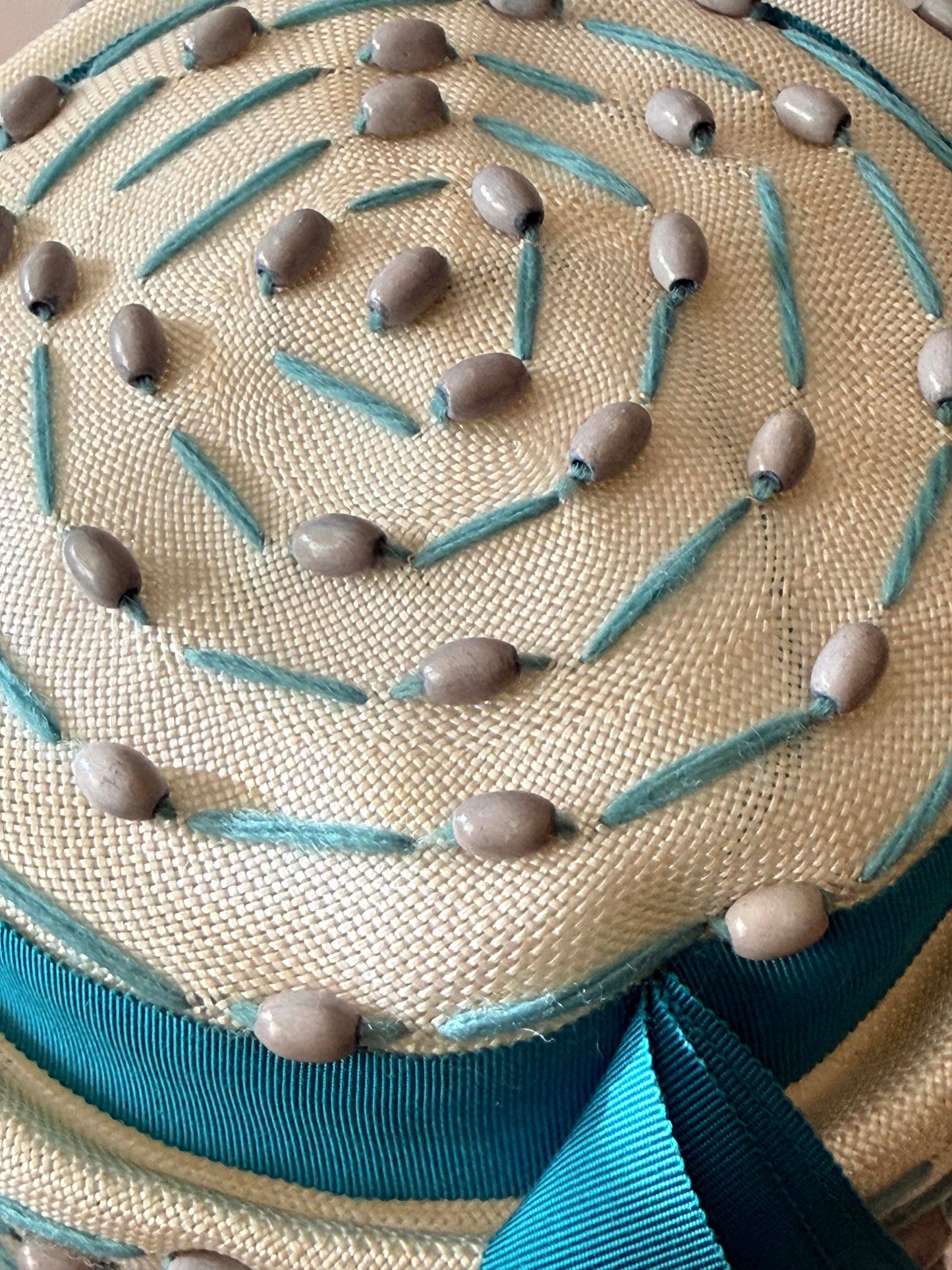1960s Marche Exclusive Ivory & Aqua Beaded Pillbox Hat – Sculptural Mid Century Cocktail Hat