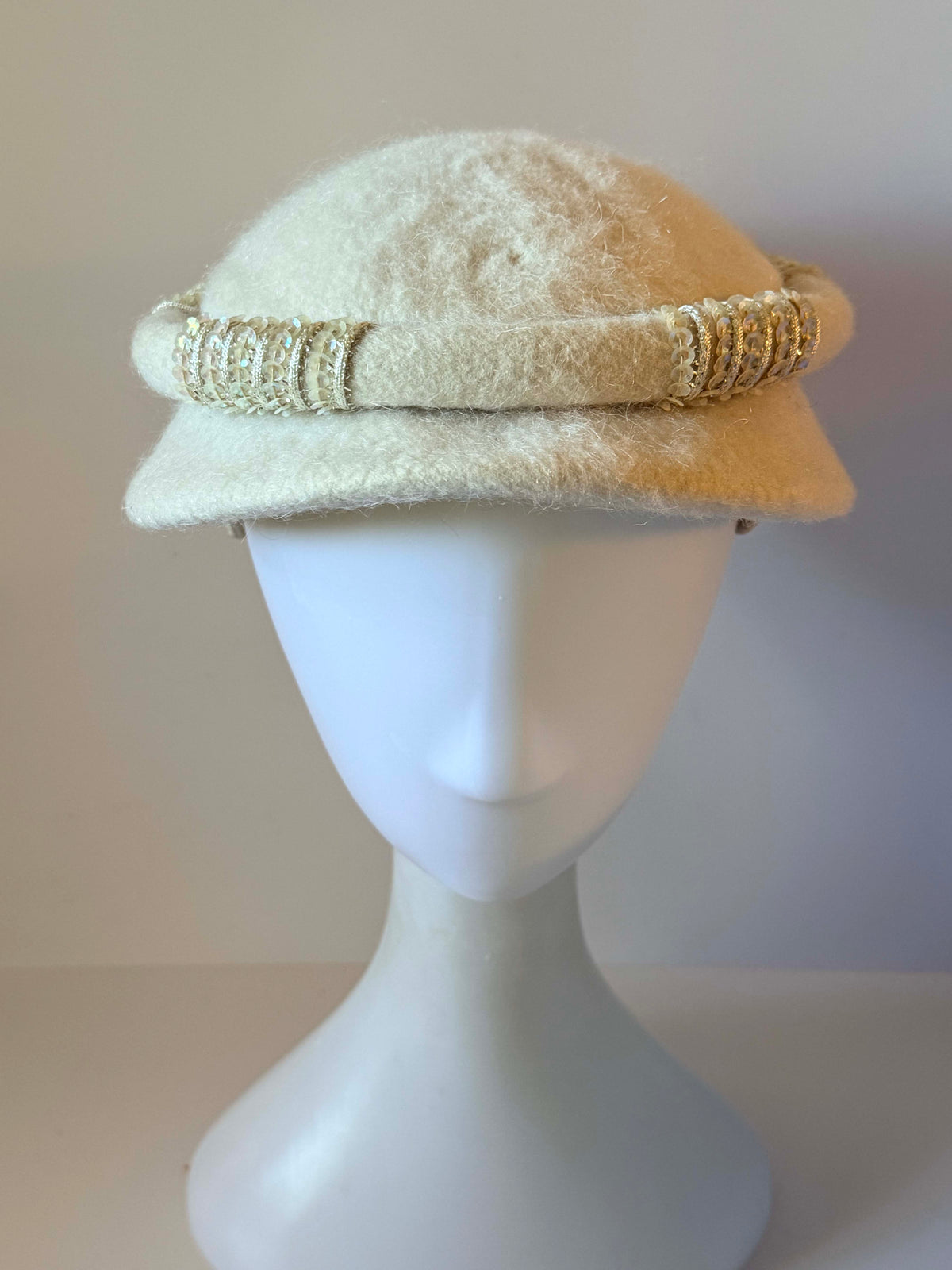 Vintage 1960s Miss Lynn Ivory Wool Felt Pillbox Hat Cream Sequin Gold Metallic Trim Women's Mid Century Cocktail Millinery