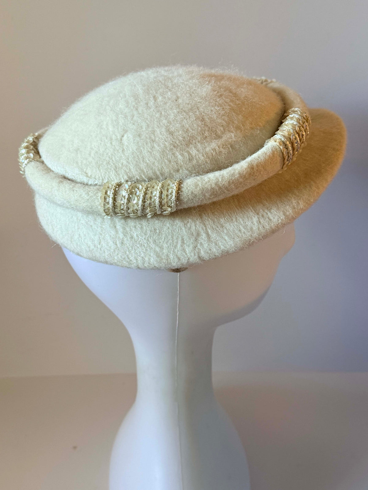 Vintage 1960s Miss Lynn Ivory Wool Felt Pillbox Hat Cream Sequin Gold Metallic Trim Women's Mid Century Cocktail Millinery