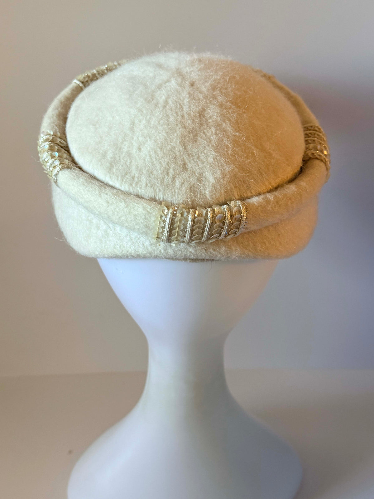 Vintage 1960s Miss Lynn Ivory Wool Felt Pillbox Hat Cream Sequin Gold Metallic Trim Women's Mid Century Cocktail Millinery