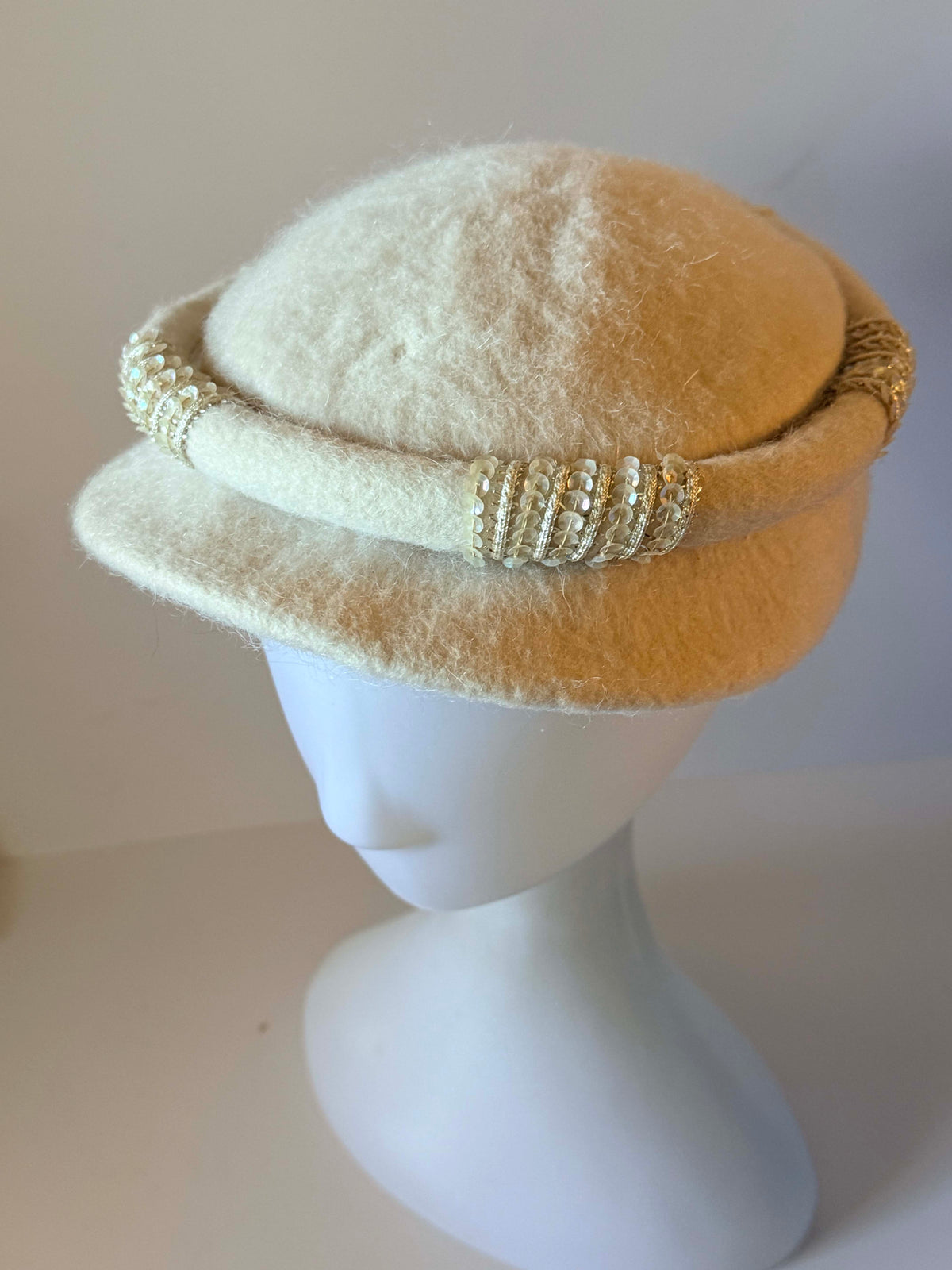 Vintage 1960s Miss Lynn Ivory Wool Felt Pillbox Hat Cream Sequin Gold Metallic Trim Women's Mid Century Cocktail Millinery