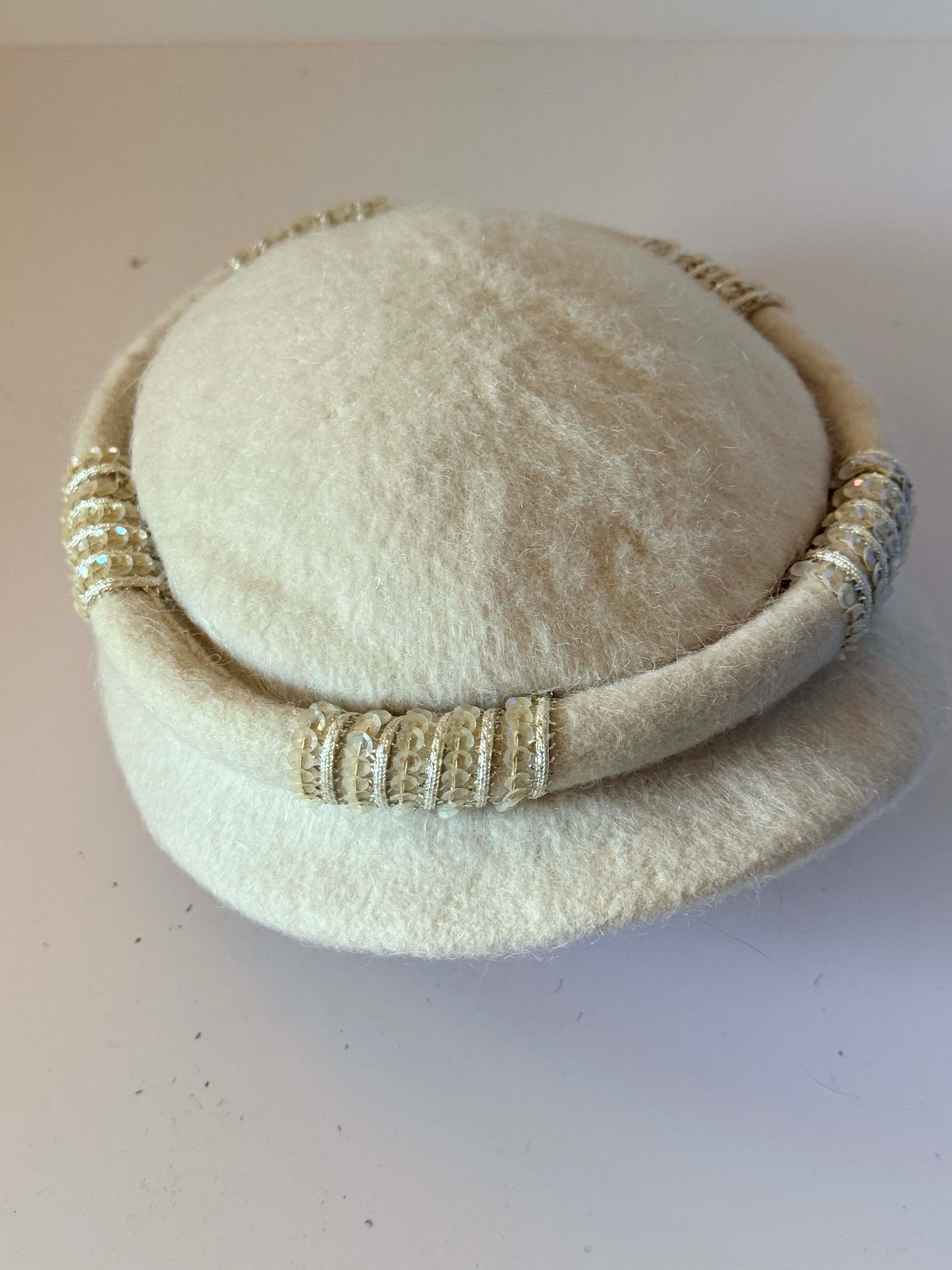 Vintage 1960s Miss Lynn Ivory Wool Felt Pillbox Hat Cream Sequin Gold Metallic Trim Women's Mid Century Cocktail Millinery