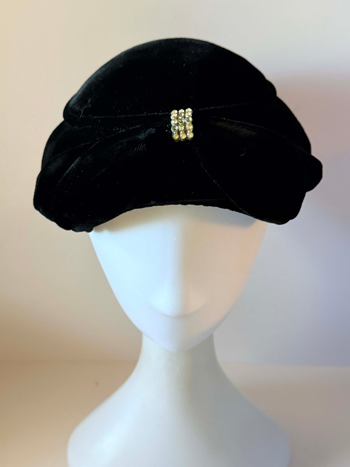 Vintage 1950s Black Velvet Cocktail Hat Rhinestone Accent Draped Brim Women's Mid Century Formal Evening Hat
