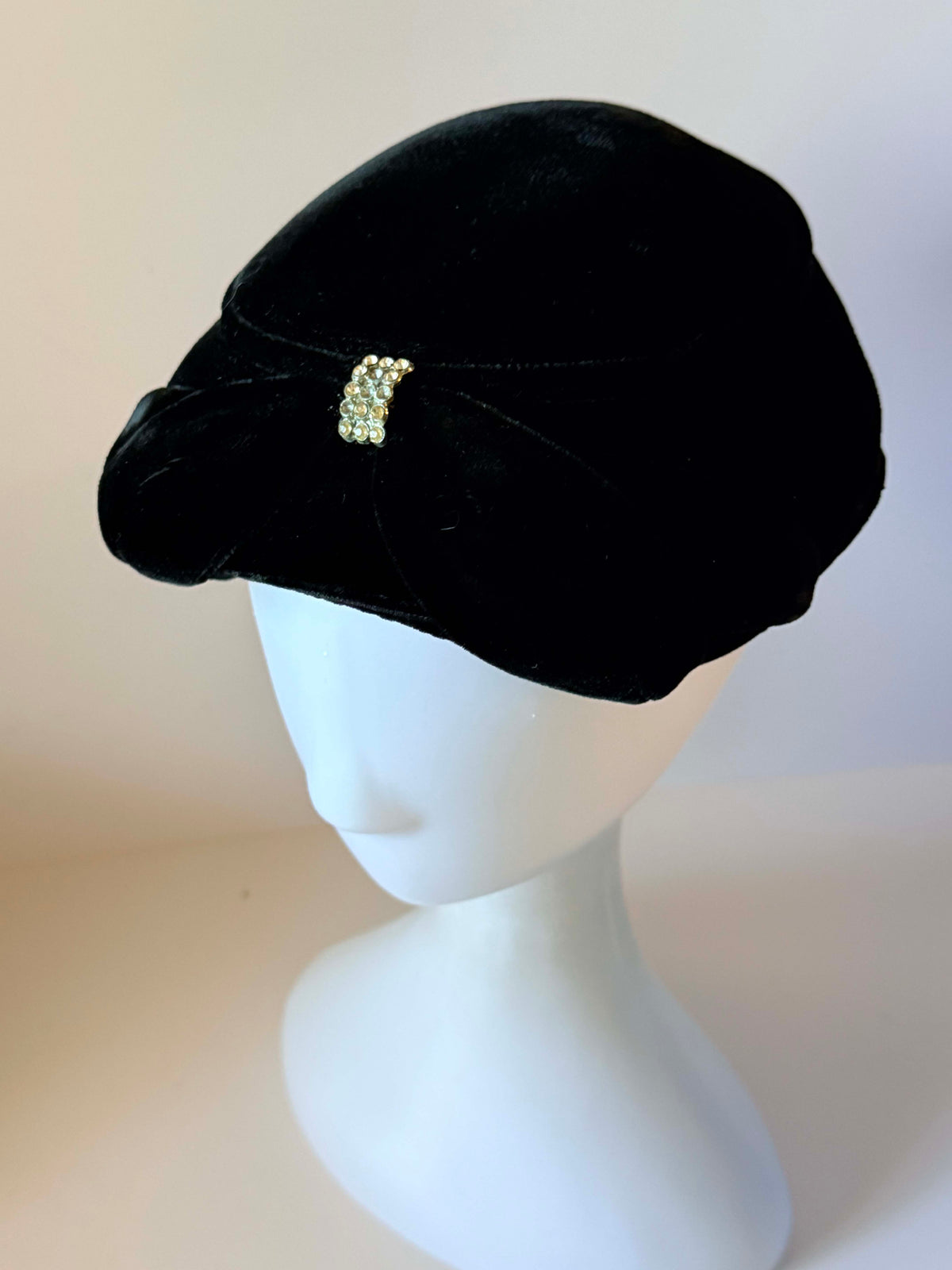 Vintage 1950s Black Velvet Cocktail Hat Rhinestone Accent Draped Brim Women's Mid Century Formal Evening Hat