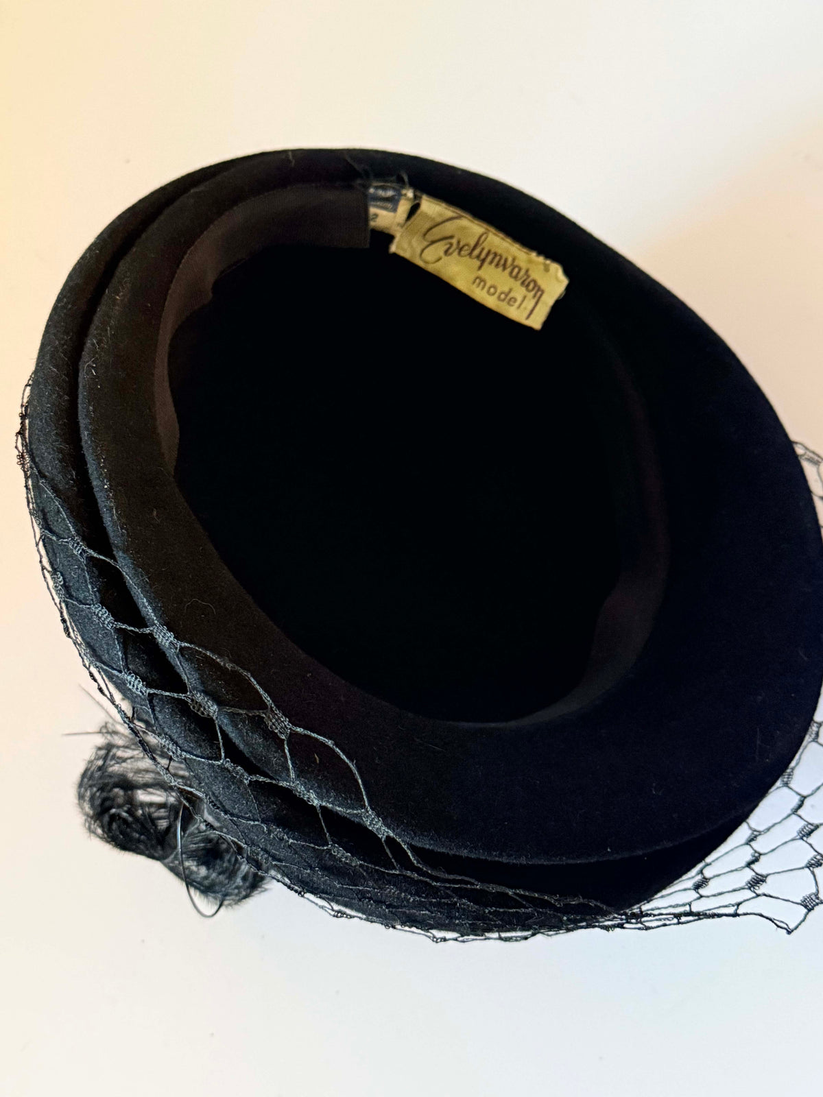 Vintage 1950s Evelyn Varon Black Felt Hat Face Veil Ostrich Feather Trim Women's Mid Century Cocktail Mourning Millinery