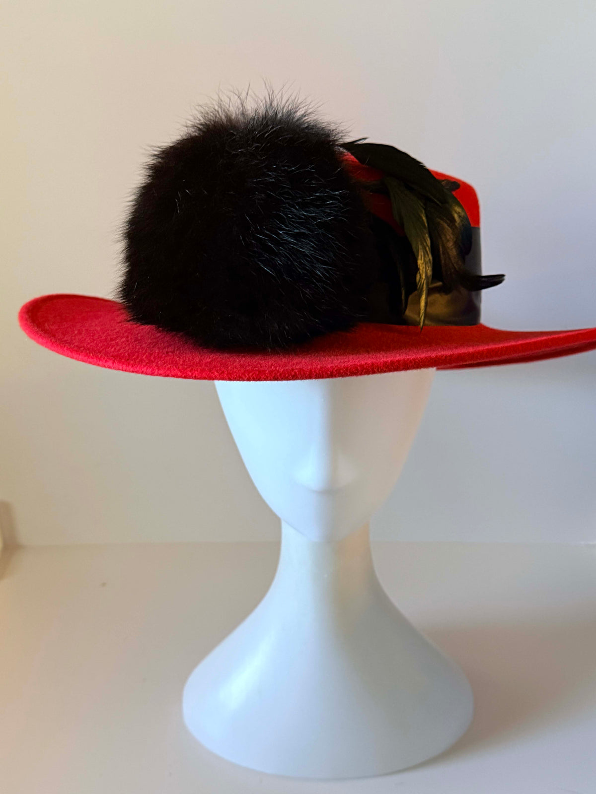 Vintage 1960s Don Anderson Indianapolis Red Wool Felt Wide Brim Hat Black Feather Pom Trim Women's Designer Statement Millinery
