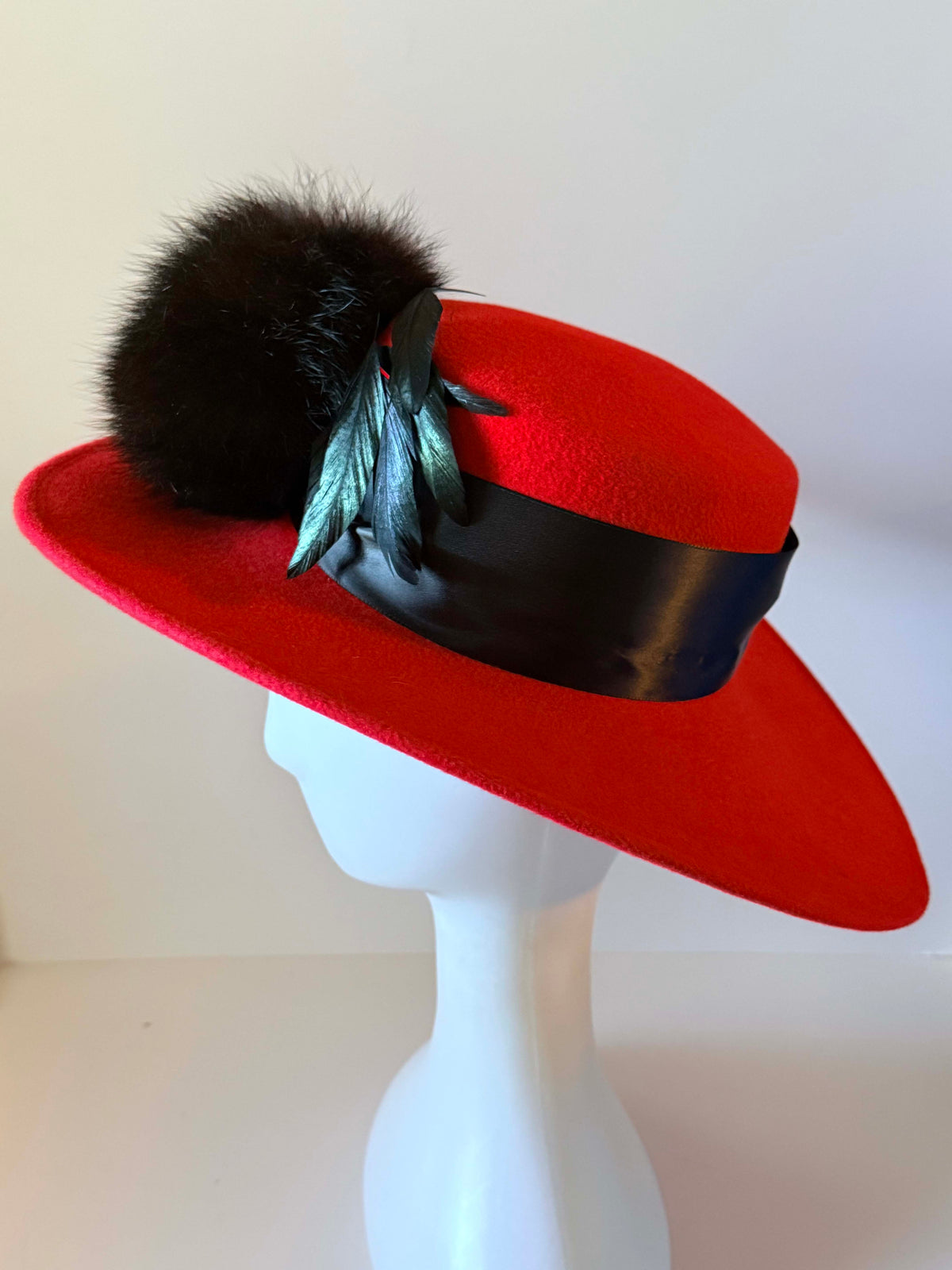 Vintage 1960s Don Anderson Indianapolis Red Wool Felt Wide Brim Hat Black Feather Pom Trim Women's Designer Statement Millinery