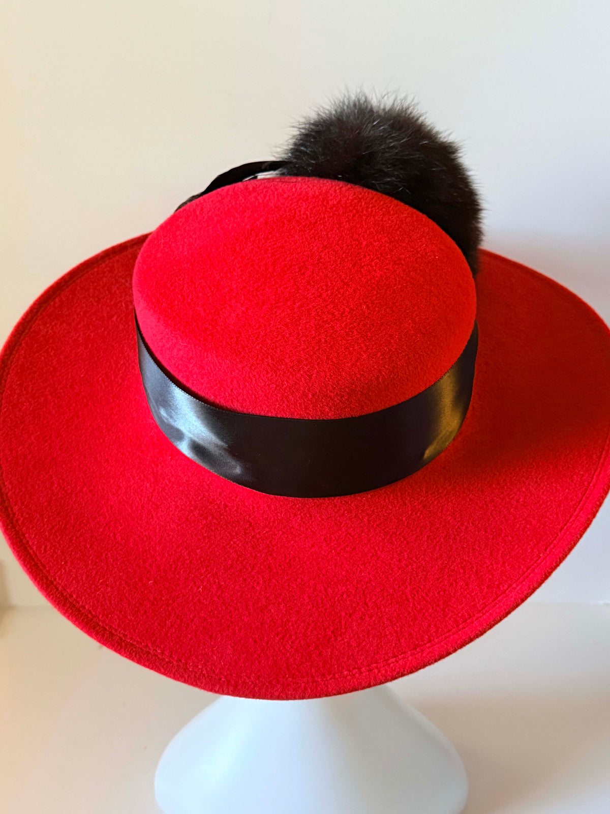 Vintage 1960s Don Anderson Indianapolis Red Wool Felt Wide Brim Hat Black Feather Pom Trim Women's Designer Statement Millinery