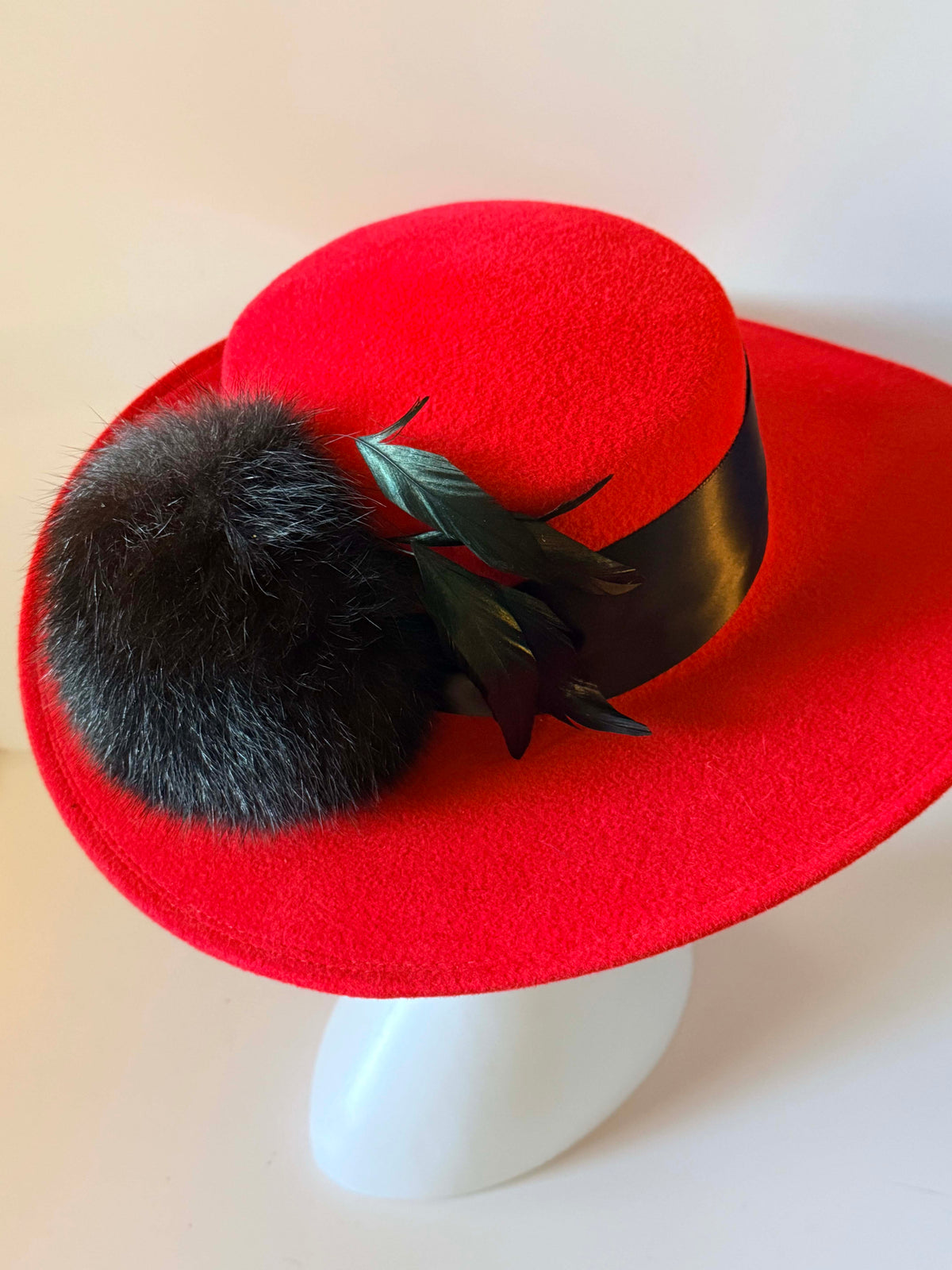 Vintage 1960s Don Anderson Indianapolis Red Wool Felt Wide Brim Hat Black Feather Pom Trim Women's Designer Statement Millinery