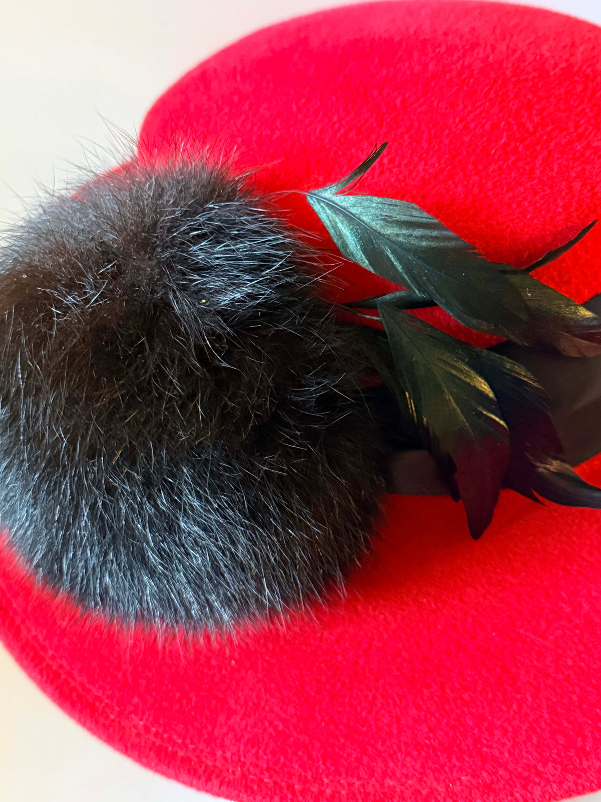 Vintage 1960s Don Anderson Indianapolis Red Wool Felt Wide Brim Hat Black Feather Pom Trim Women's Designer Statement Millinery