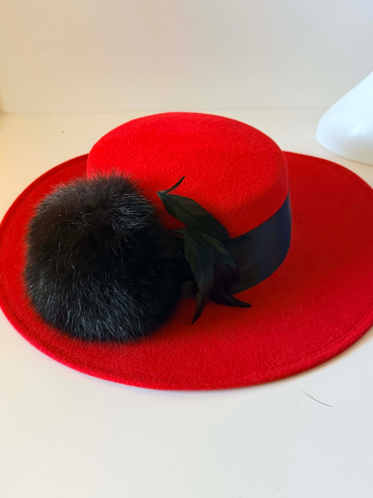 Vintage 1960s Don Anderson Indianapolis Red Wool Felt Wide Brim Hat Black Feather Pom Trim Women's Designer Statement Millinery