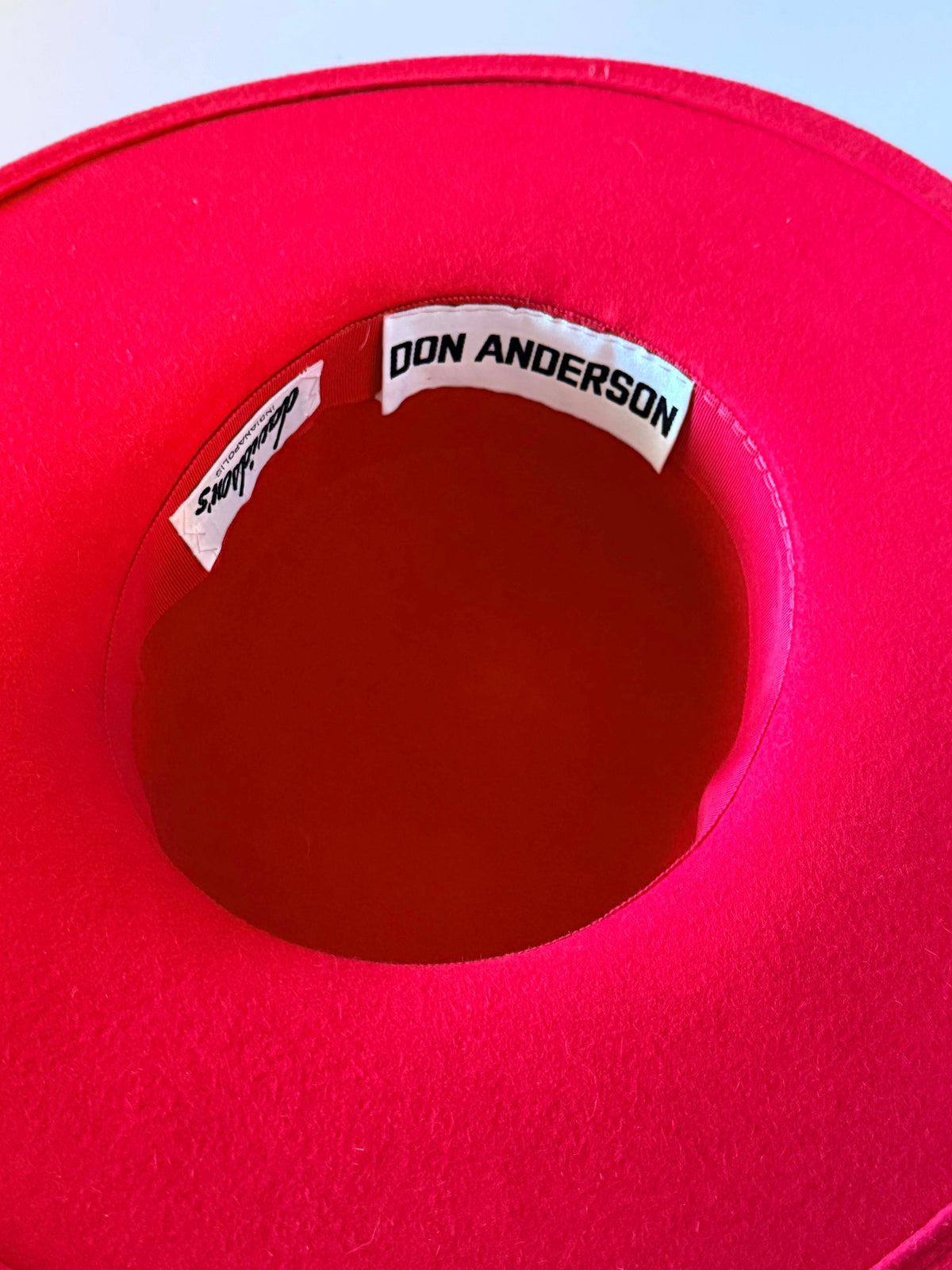 Vintage 1960s Don Anderson Indianapolis Red Wool Felt Wide Brim Hat Black Feather Pom Trim Women's Designer Statement Millinery