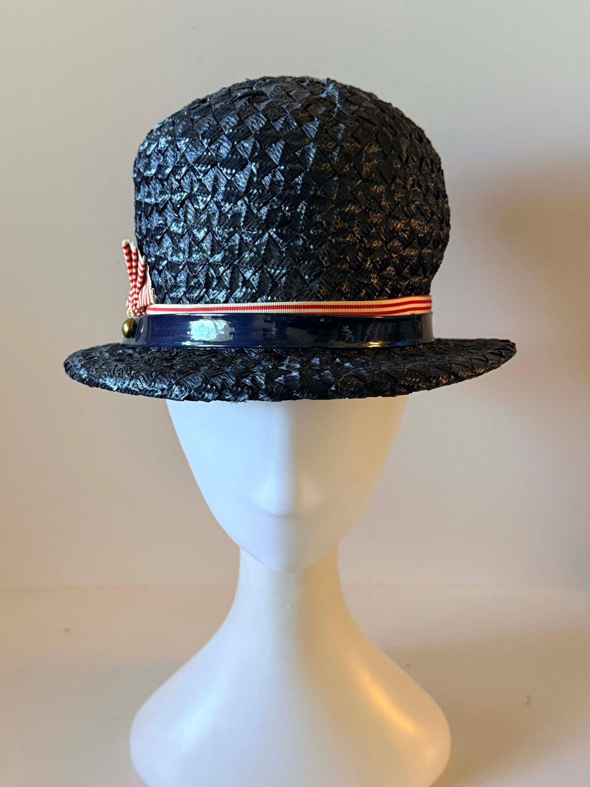Vintage 1960s Mr John Classic Navy Blue Straw Hat Red White Blue Patriotic Ribbon Election Day Americana Women's Designer Hat