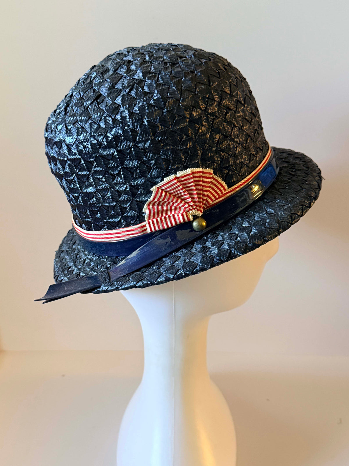 Vintage 1960s Mr John Classic Navy Blue Straw Hat Red White Blue Patriotic Ribbon Election Day Americana Women's Designer Hat