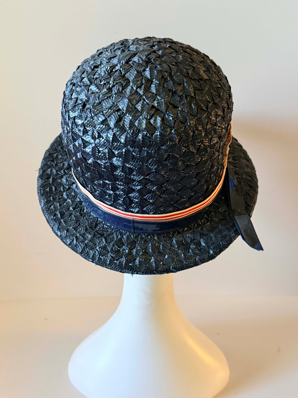 Vintage 1960s Mr John Classic Navy Blue Straw Hat Red White Blue Patriotic Ribbon Election Day Americana Women's Designer Hat