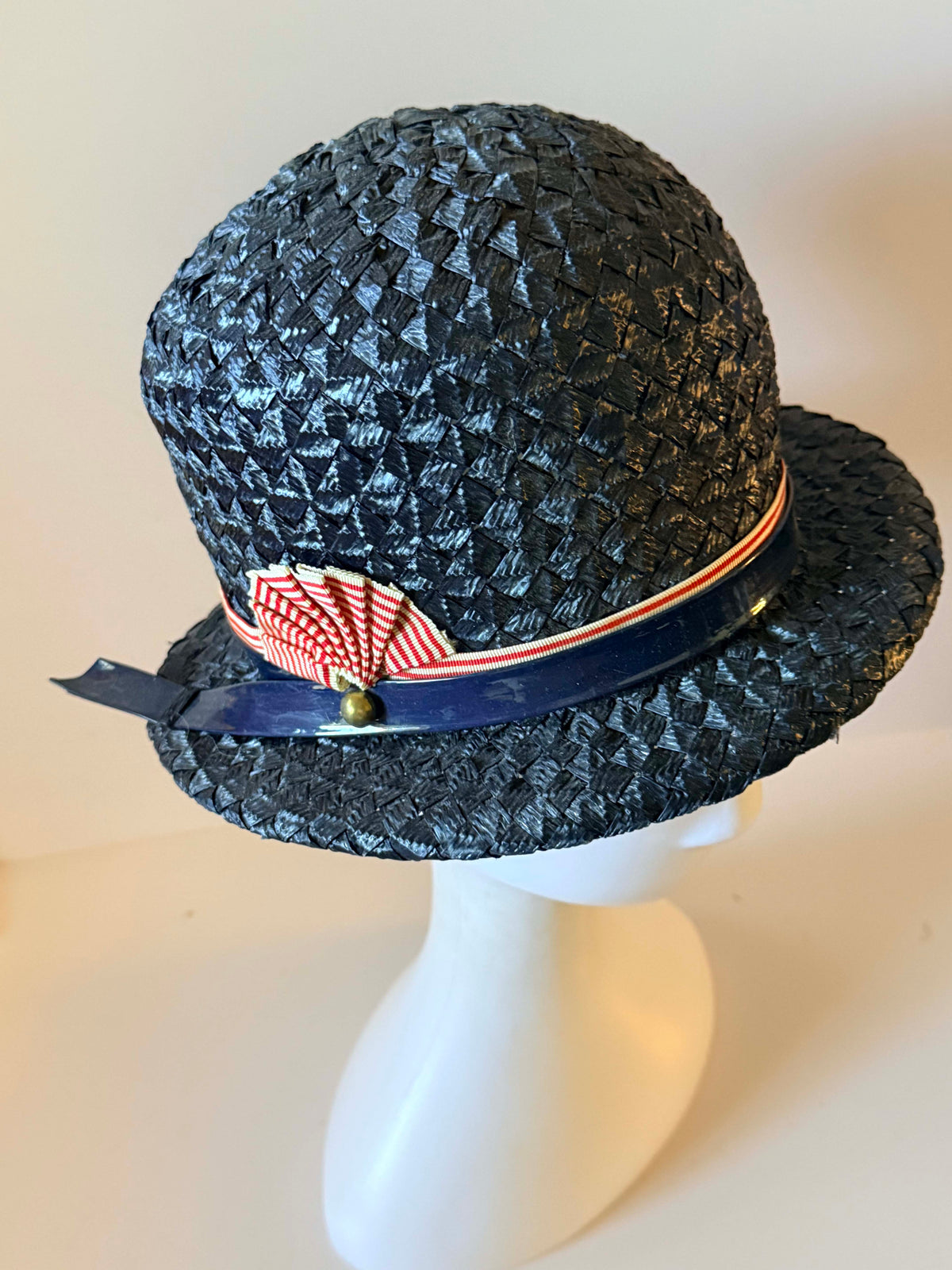 Vintage 1960s Mr John Classic Navy Blue Straw Hat Red White Blue Patriotic Ribbon Election Day Americana Women's Designer Hat