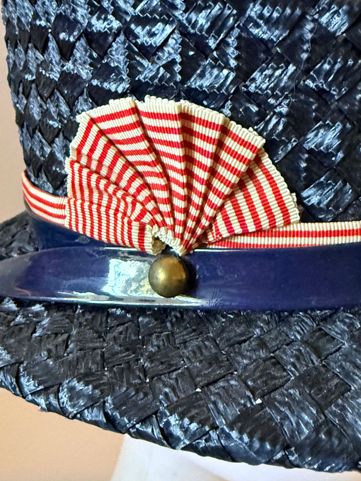Vintage 1960s Mr John Classic Navy Blue Straw Hat Red White Blue Patriotic Ribbon Election Day Americana Women's Designer Hat