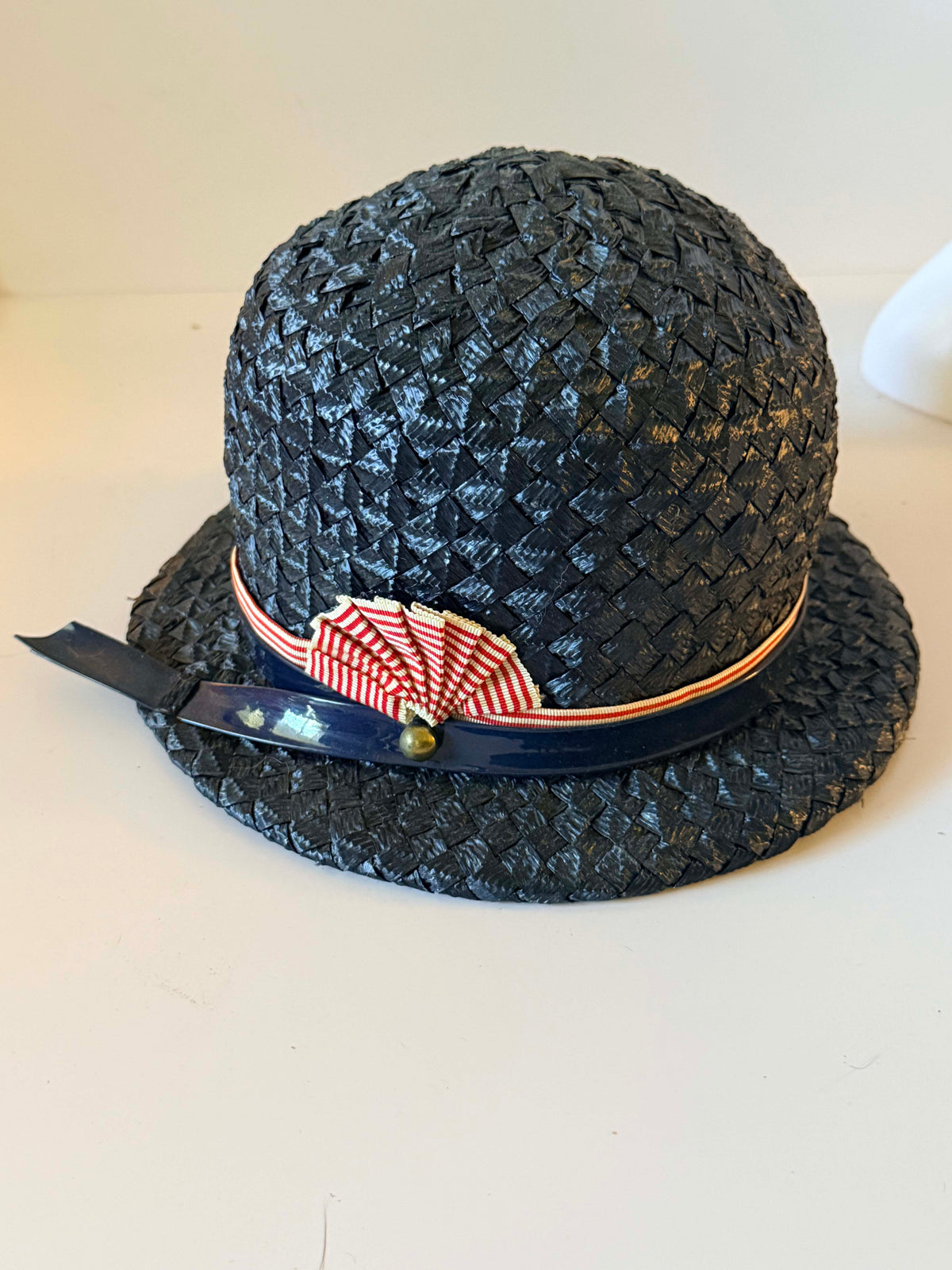 Vintage 1960s Mr John Classic Navy Blue Straw Hat Red White Blue Patriotic Ribbon Election Day Americana Women's Designer Hat