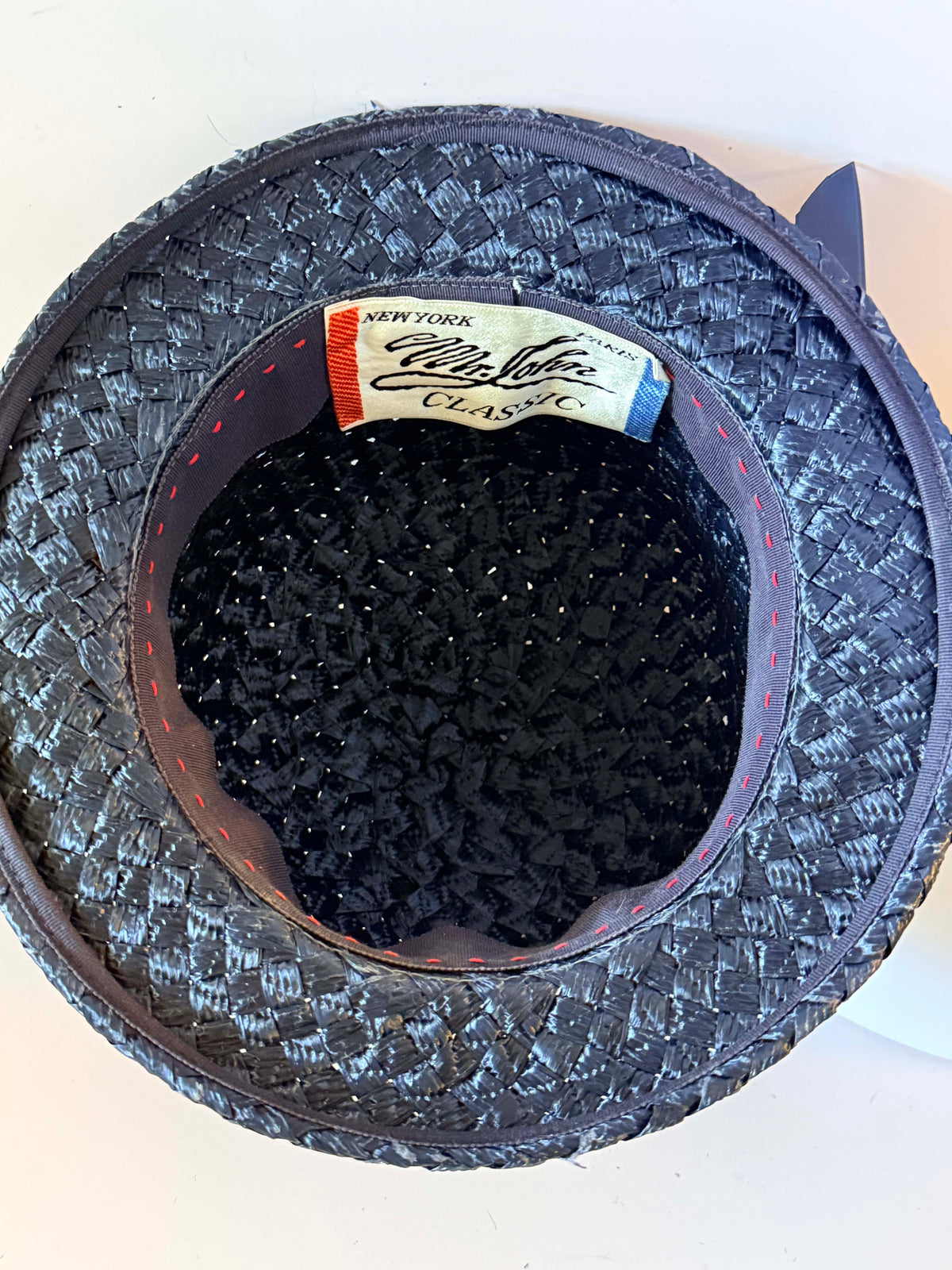 Vintage 1960s Mr John Classic Navy Blue Straw Hat Red White Blue Patriotic Ribbon Election Day Americana Women's Designer Hat