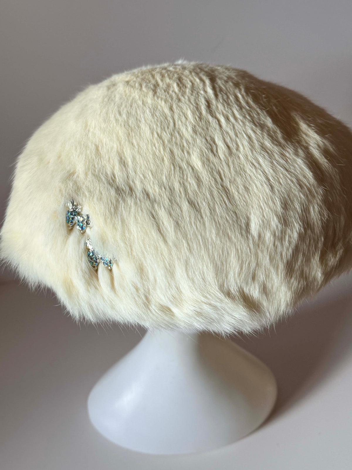 Vintage 1960s Brentshire Ivory Fur Picture Hat | Rhinestone Poodle Hat | Mod Vintage Statement Hat