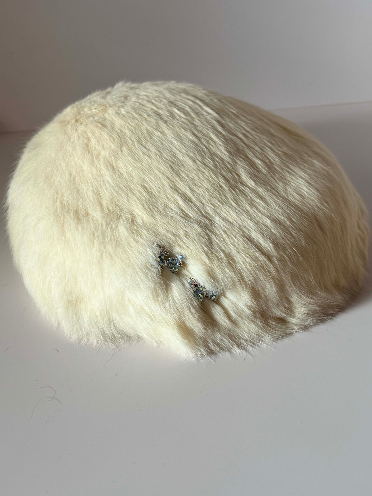 Vintage 1960s Brentshire Ivory Fur Picture Hat | Rhinestone Poodle Hat | Mod Vintage Statement Hat
