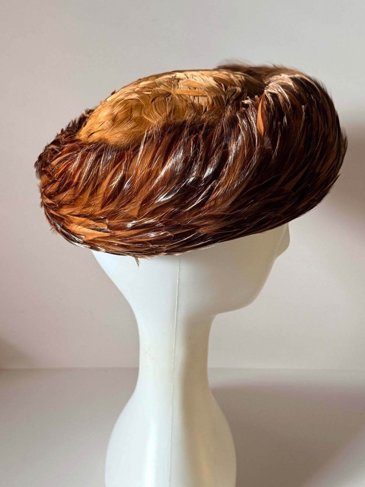 Vintage 1950s Brown Feather Toque Hat | Brimmed Pheasant Feather Hat | Mid Century Cocktail Hat