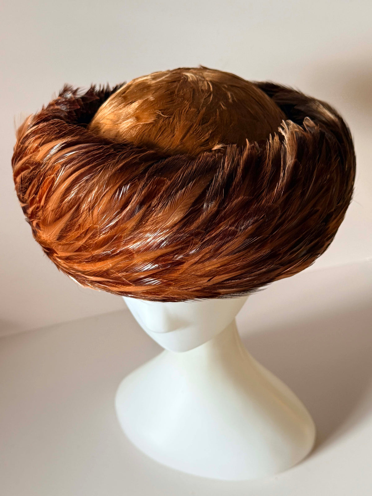 Vintage 1950s Brown Feather Toque Hat | Brimmed Pheasant Feather Hat | Mid Century Cocktail Hat