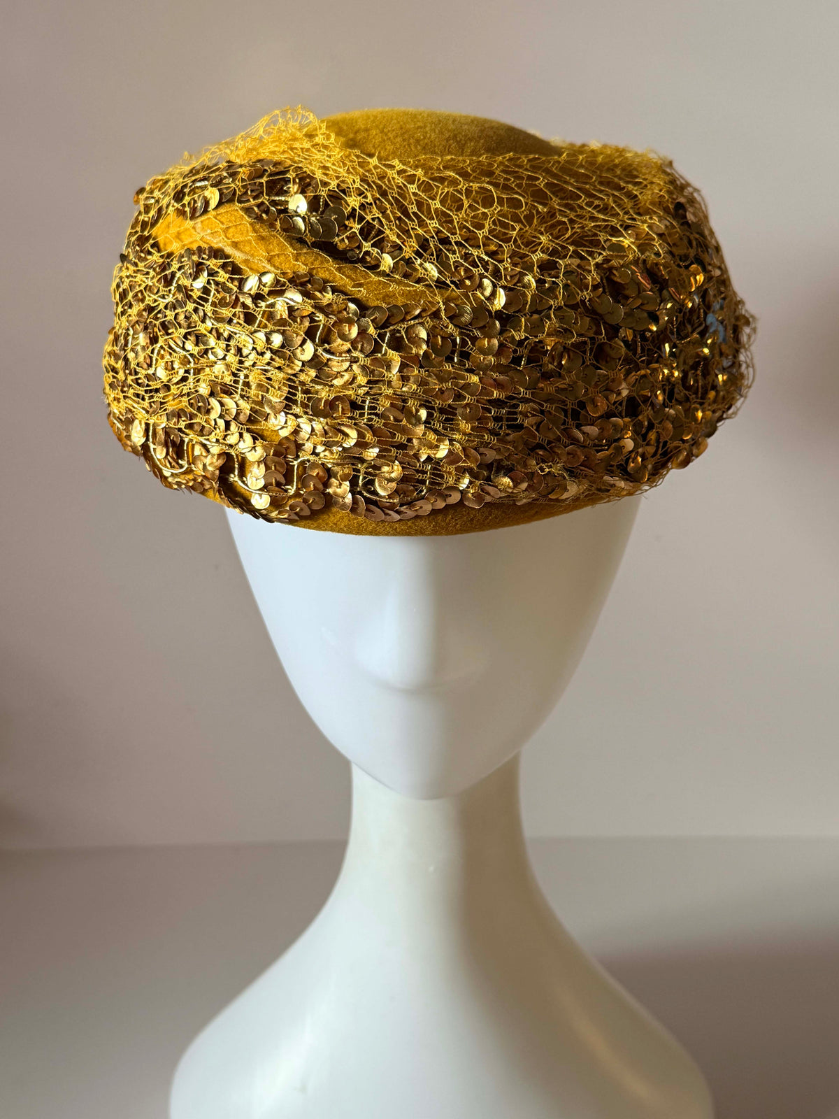 Vintage 1950s Gold Sequin Hat | Mustard Yellow Veiled Cocktail Hat | Mid Century Brimmed Hat