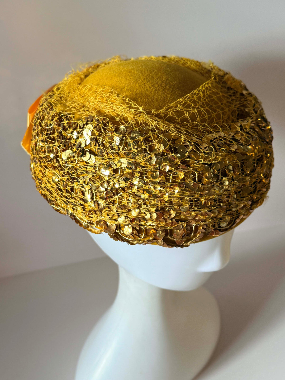 Vintage 1950s Gold Sequin Hat | Mustard Yellow Veiled Cocktail Hat | Mid Century Brimmed Hat