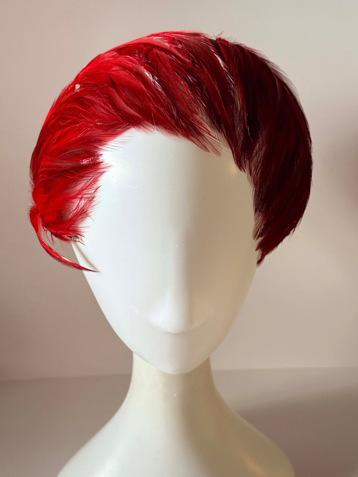 Vintage 1950s Red Feather Half Hat | Sculptural Cocktail Hat | Mid Century Statement Millinery