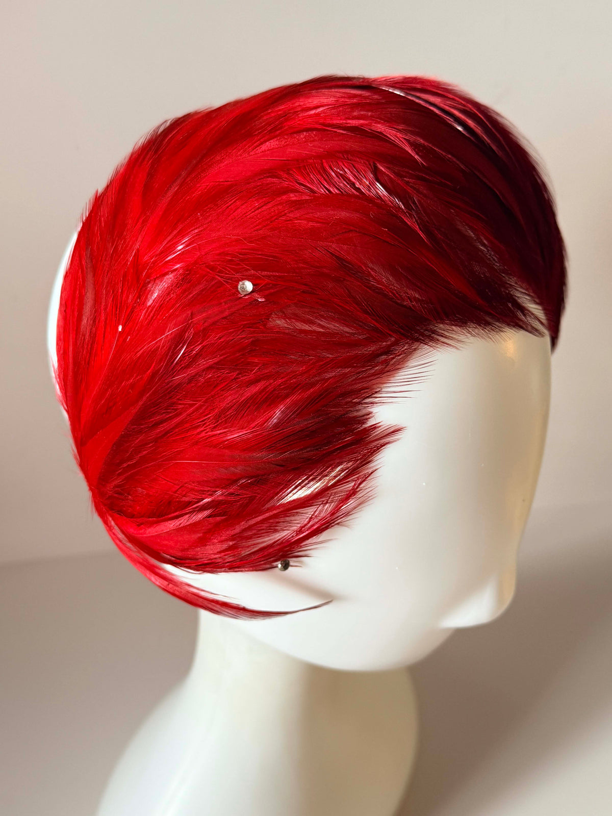 Vintage 1950s Red Feather Half Hat | Sculptural Cocktail Hat | Mid Century Statement Millinery