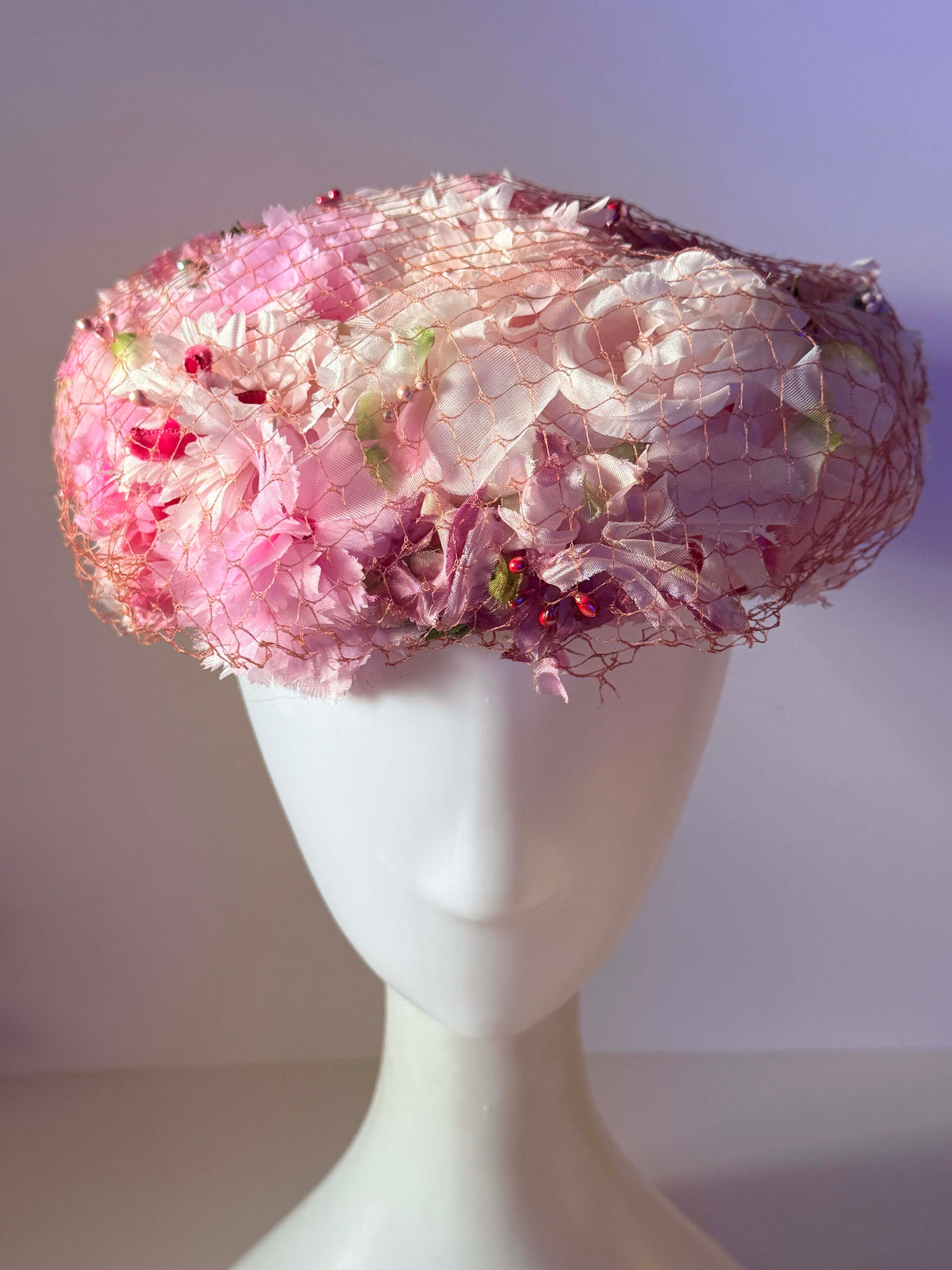 Vintage 1950s Pink Floral Hat | Veiled Flower Cocktail Hat | Pink Garden Party Vintage Hat
