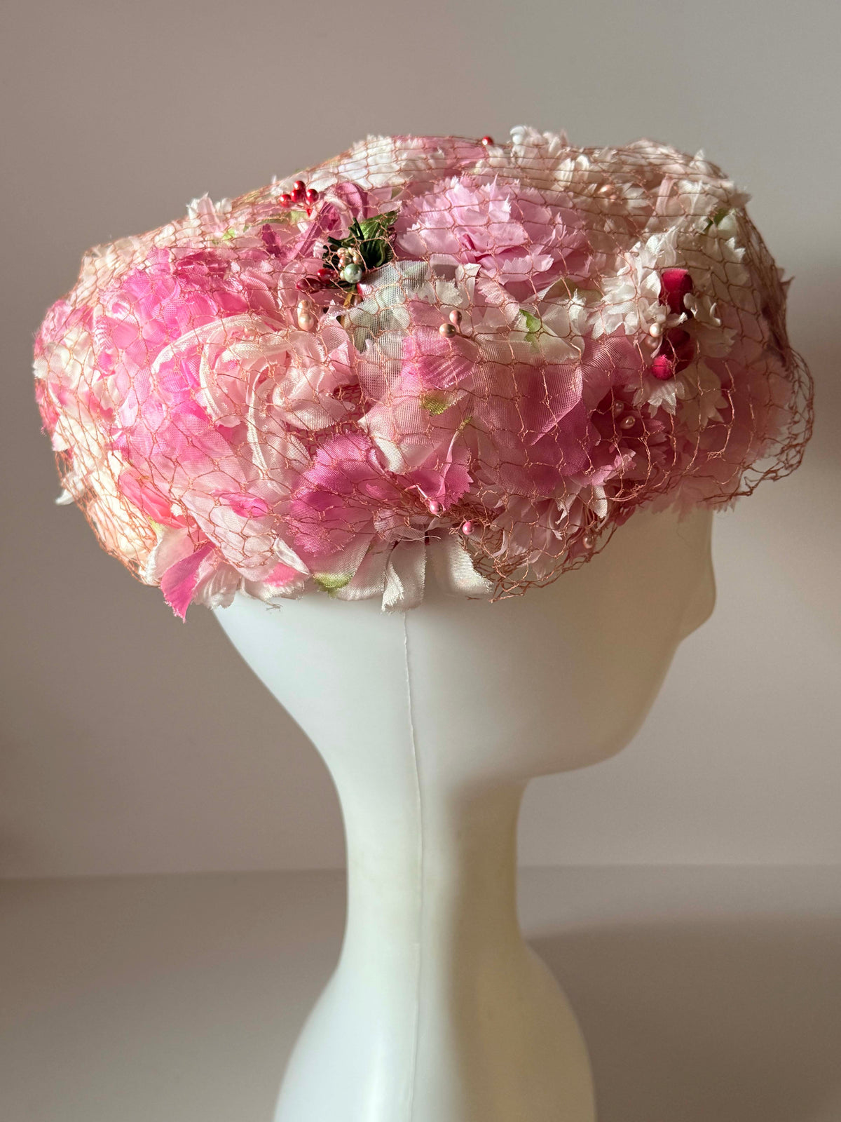 Vintage 1950s Pink Floral Hat | Veiled Flower Cocktail Hat | Pink Garden Party Vintage Hat