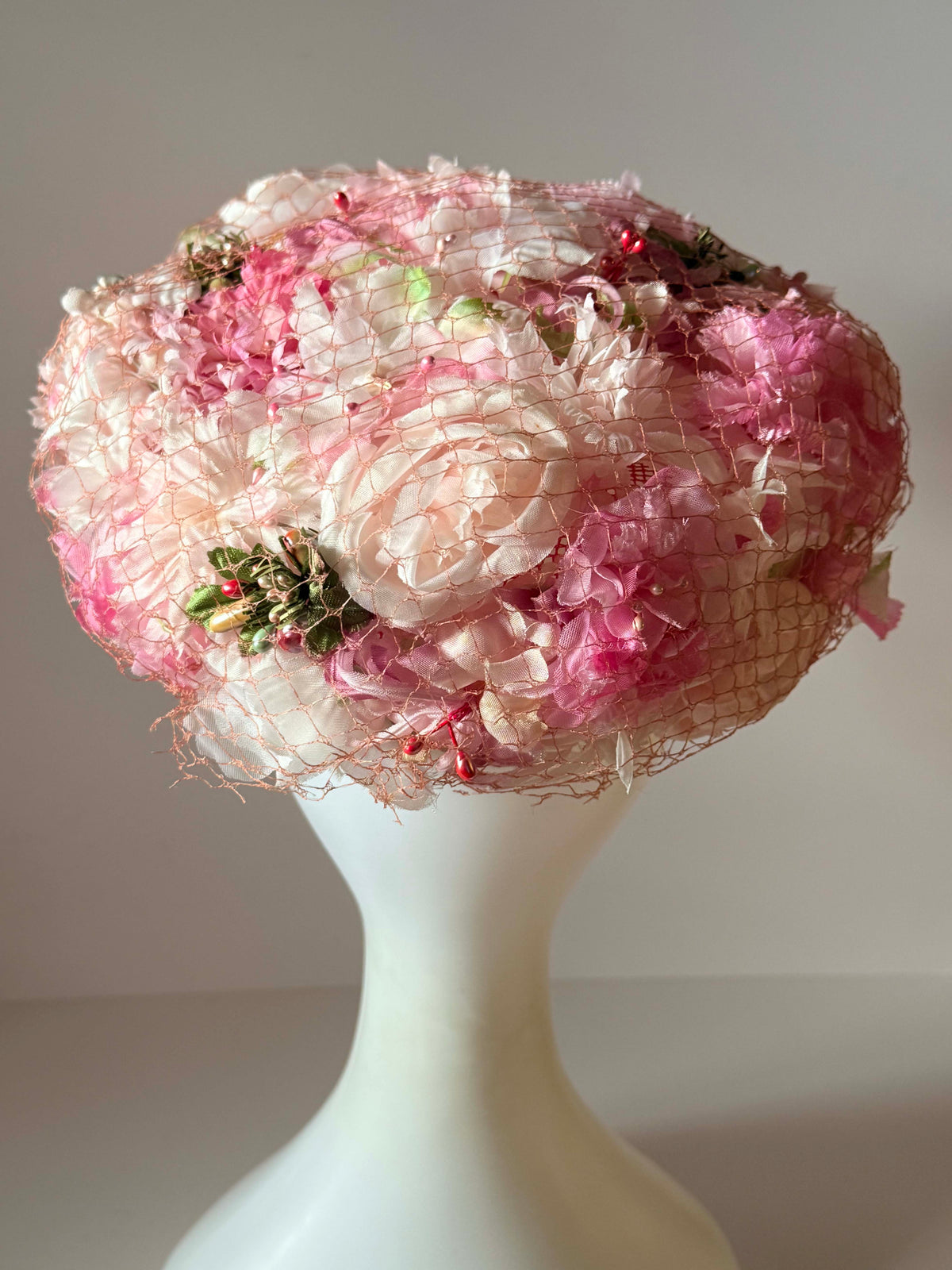 Vintage 1950s Pink Floral Hat | Veiled Flower Cocktail Hat | Pink Garden Party Vintage Hat