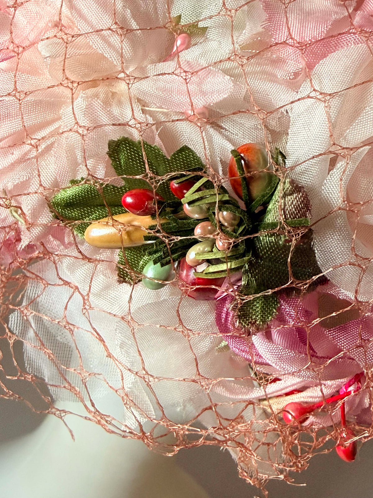 Vintage 1950s Pink Floral Hat | Veiled Flower Cocktail Hat | Pink Garden Party Vintage Hat