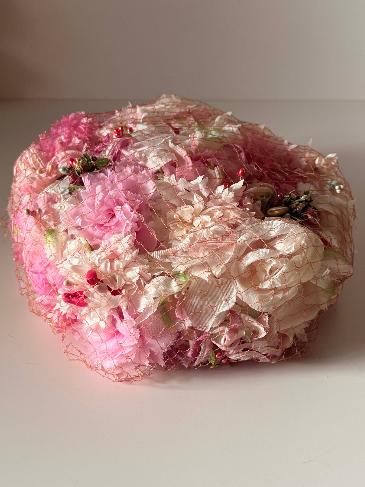 Vintage 1950s Pink Floral Hat | Veiled Flower Cocktail Hat | Pink Garden Party Vintage Hat