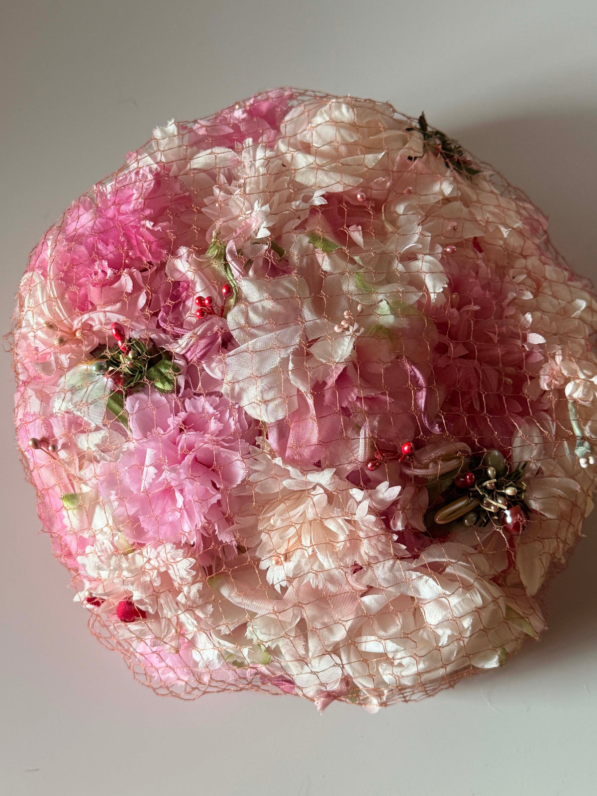 Vintage 1950s Pink Floral Hat | Veiled Flower Cocktail Hat | Pink Garden Party Vintage Hat